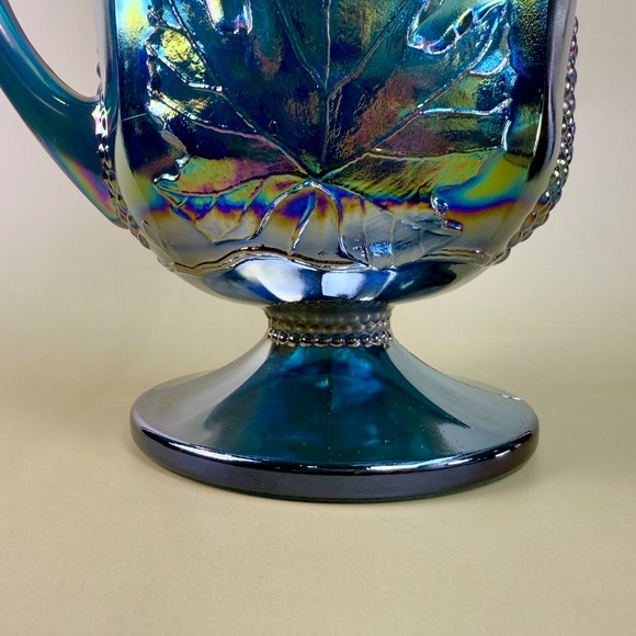 Vintage Indiana Glass Blue Carnival Grape Vine Pitcher | Iridescent Pedestal - Picture 7 of 16